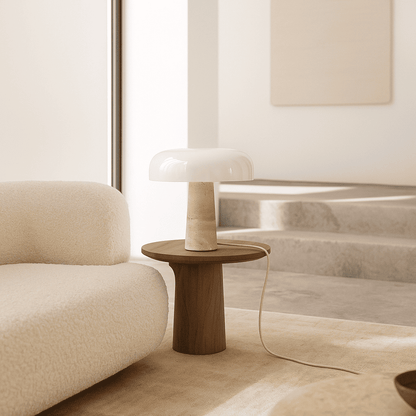 Handgefertigte Travertin Lampe mit Glasschirm