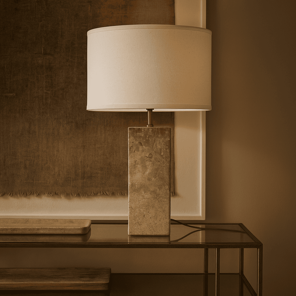 Travertin Lampe  Naturstein Baumwollschirm beige weiss SONVELIA