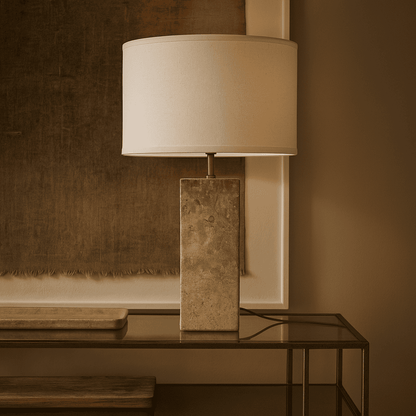 Travertin Lampe  Naturstein Baumwollschirm beige weiss SONVELIA