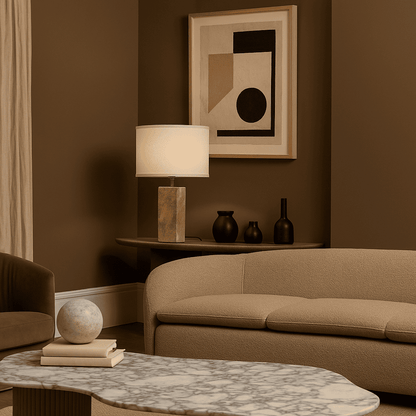 Travertin Lampe - Eleganter Naturstein mit Baumwollschirm