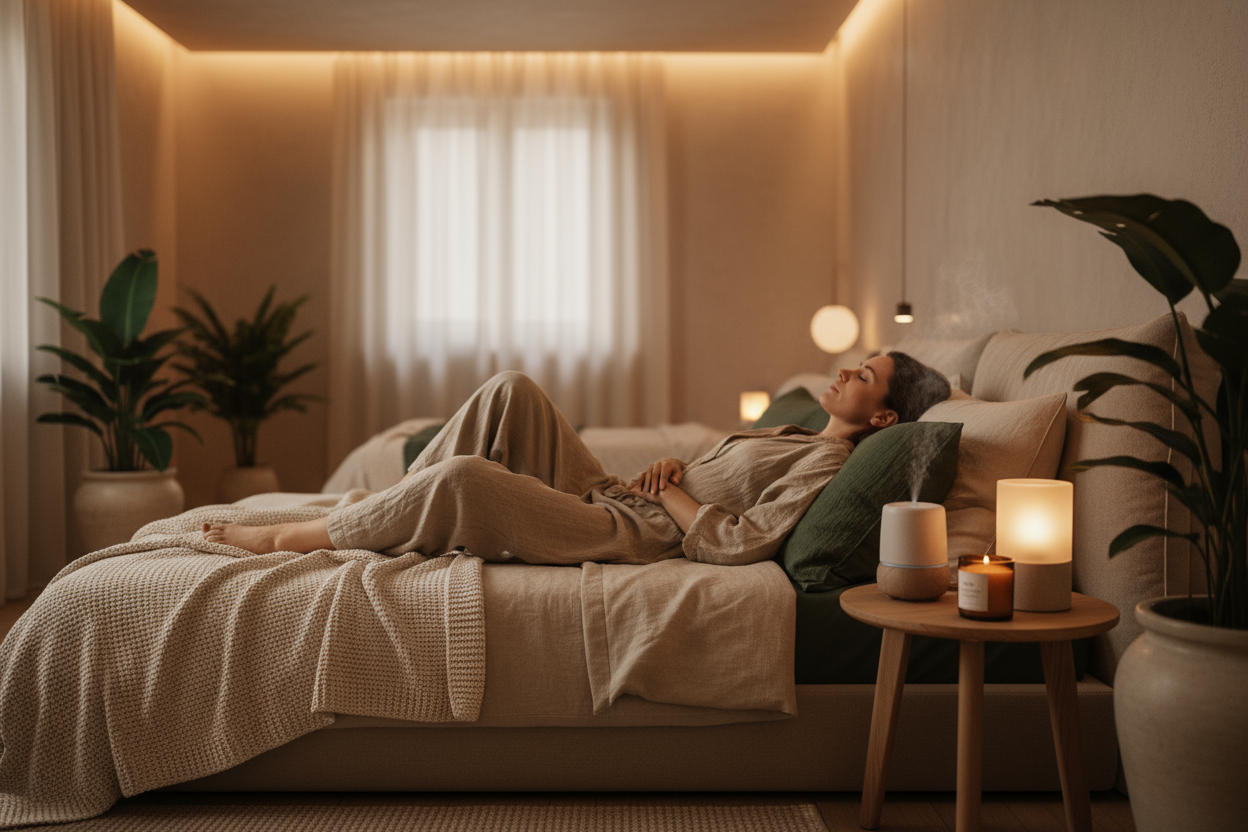 Ein beruhigendes Schlafzimmer oder Rückzugsort in warmen, natürlichen Tönen: Beige, dunkleres SONVELIA-Grün und sanfte Braunnuancen. Minimalistisch und elegant eingerichtet, mit gemütlichen Textilien wie Decken und Kissen, weichem Licht und harmonischer Atmosphäre. Eine entspannte Person sitzt oder liegt ruhig, umgeben von subtilen Details wie Duftkerzen oder einem Ultraschalldiffusor. Fokus auf Entspannung, Wohlbefinden und Runterkommen, wenig Hintergrund, warmes, sanftes Licht, hochwertige Texturen, SONVE